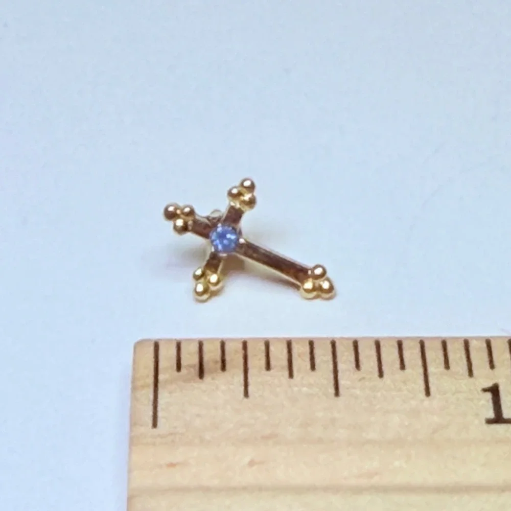 Gold Tone Cross Lapel Pin Blue Rhinestone Center Religious‎ Crucifix Tie Tack